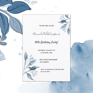 Convite marinho festa de aniversário 90 floral azul botâni