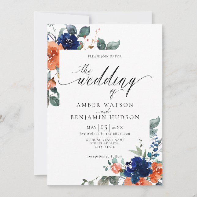 Convite Marinho Floral Arrojado Laranja Ferrugem Casamento (Frente)