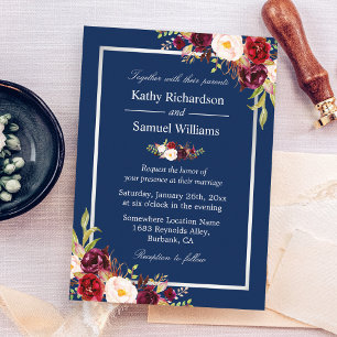 Convite Marinho Floral Azul Casamento no inverno Azul