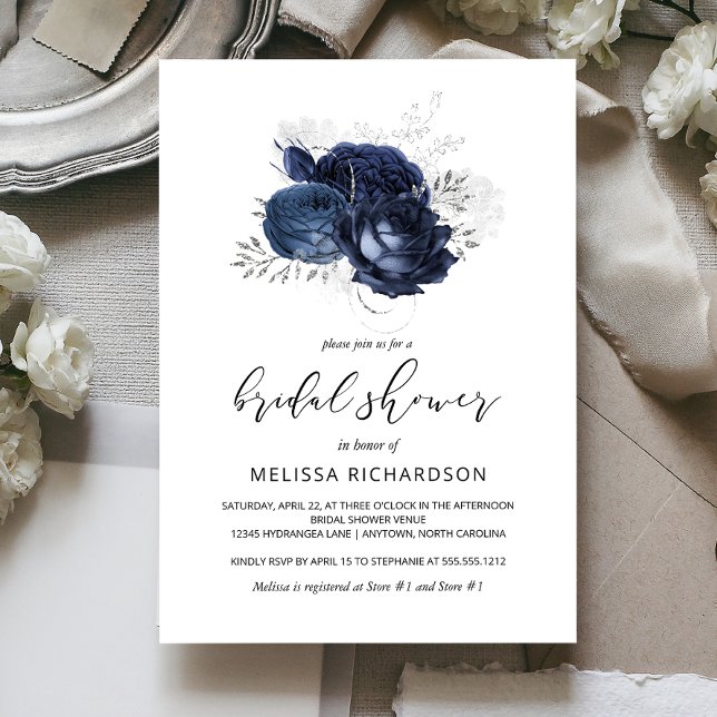 Convite Marinho Floral  Azul Chá de panela Prateado Chic V (Criador carregado)