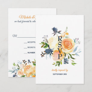 Convite Marinho Floral Azul Coral Casamento RSVP