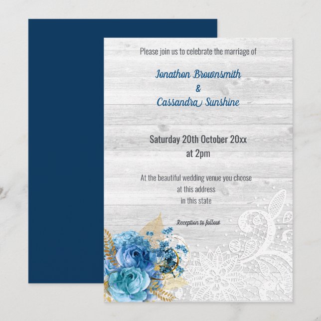 CONVITE MARINHO FLORAL  AZUL MARINHO DE CASAMENTO RUSTICO (Frente/Verso)