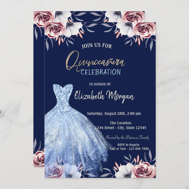 Convite Marinho Floral Azul Quinceañera (Frente/Verso)