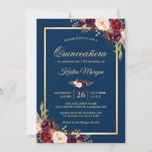 Convite Marinho Floral Azul Quinceanera Aniversário