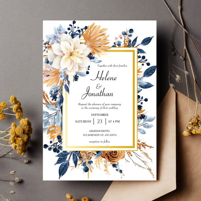 Convite Marinho Floral Blue Terracotta Casamento Russo Ele (Elegant Rustic Floral Navy Blue Terracotta Wedding Invitation)