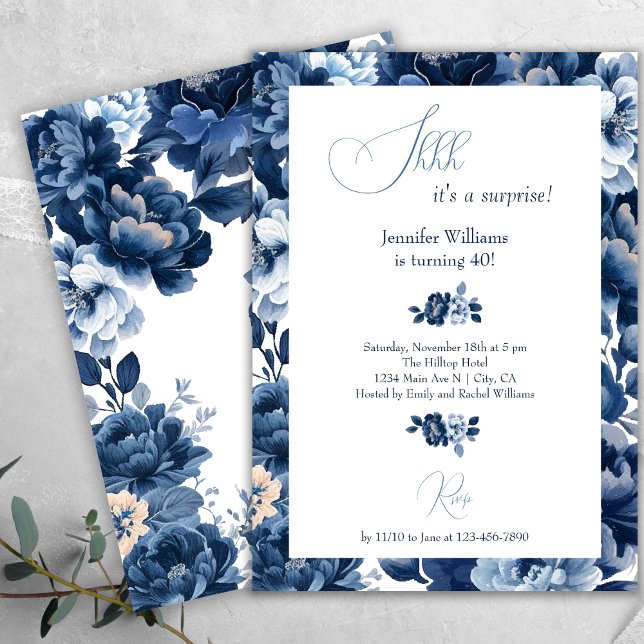 Convite Marinho Floral Blue Watercolor Shh Surprise Birthd (Criador carregado)