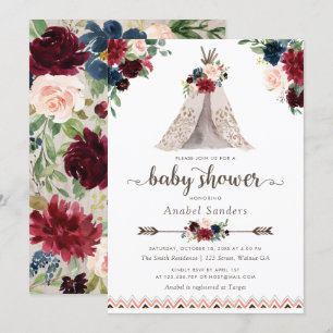 Convite Marinho Floral Boho Teepee Arrows Chá de fraldas 