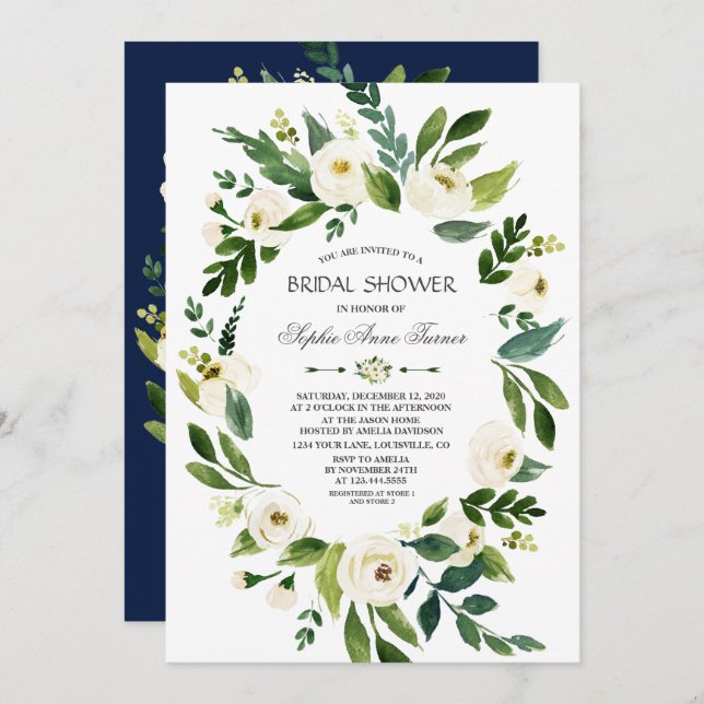 Convite Marinho Floral Branco Elegante Chá de panela Azul (Frente/Verso)