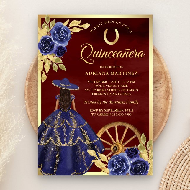 Convite Marinho Floral Carro Burugundy Quinceanera (Criador carregado)