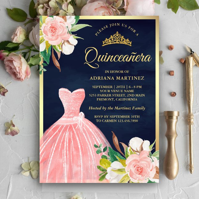 Convite Marinho Floral Cor-de-Rosa Azul Quinceanera Dourad (Criador carregado)