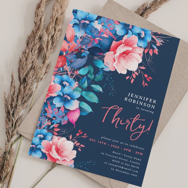 Convite Marinho Floral de aniversário de 30 anos com Aquar (Bright Watercolor Floral 30th Birthday Navy Blue Invitation)