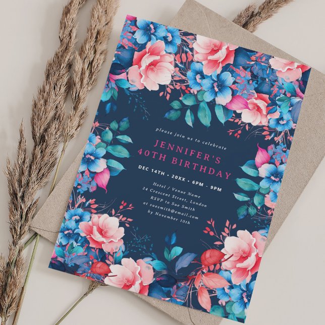 Convite Marinho Floral de aniversário de 40 anos com Aquar (Chic Watercolor Floral 40th Birthday Navy Invitation)