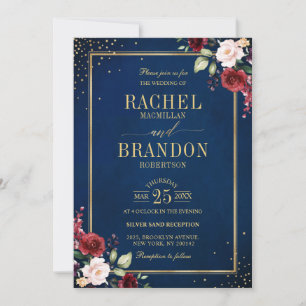 Convite Marinho Floral Dourado Azul Casamento Russo