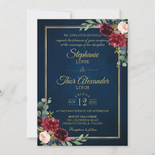 Convite Marinho Floral Dourado Azul Casamento Russo Invi