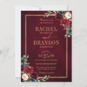 Convite Marinho Floral Dourado Azul Casamento Russo Invi