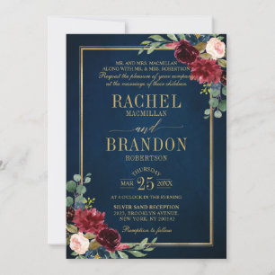Convite Marinho Floral Dourado Azul Casamento Russo Invi