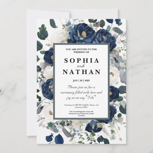 Convite Marinho Floral Elegante e Casamento Branco (Frente)