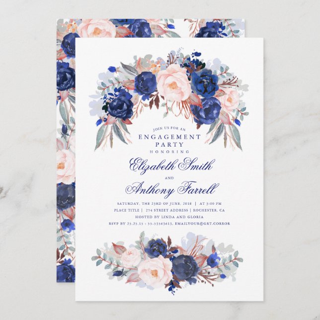 Convite Marinho Floral Elegante e Festa de noivado Moderna (Frente/Verso)