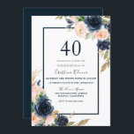 Convite Marinho Floral Elegante para aniversário de 40 ano<br><div class="desc">Convite de festas Elegante Floral de marinho aniversário de 40 anos de  para  de  para Espelhamento Veja a coleção correspondente em Niche e nest store</div>