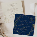 Convite Marinho Floral Gilded Dourado Tudo Em Um Casamento<br><div class="desc">Este marinho floral dourado e ouro tudo em um convite de casamento quadrado é perfeito para um casamento elegante. A design do boho moderno apresenta um arranjo caprichoso de folhas desenhadas, folhas e botânicos, feitas com folhas falsas em folha de ouro, sobre fundo azul marinho. Salve o papel, incluindo os...</div>