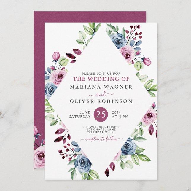 Convite Marinho Floral Moderno Casamento Burgundy (Frente/Verso)