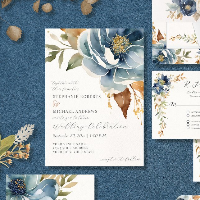 Convite Marinho Floral Moderno Dusty Blue Ivory Casamento (Criador carregado)