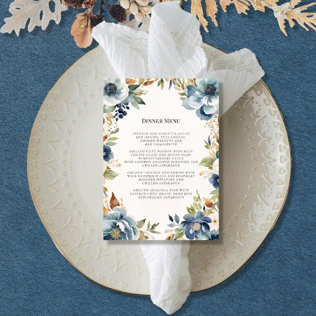 Convite Marinho Floral Moderno Menu Casamento Azul Dusty (Criador carregado)