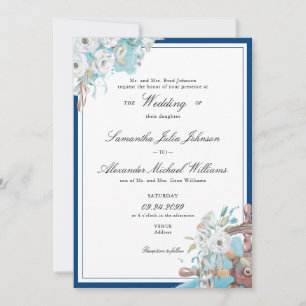 Convite Marinho Floral Náutico e Casamento Formal Branco