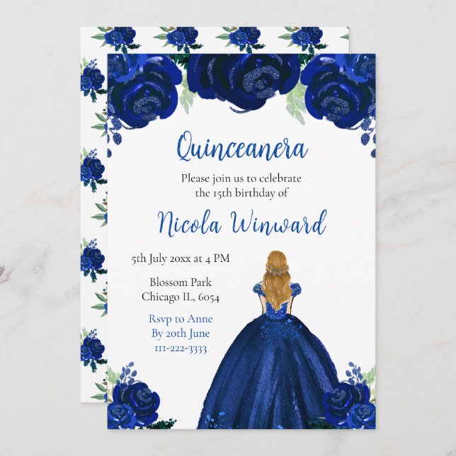 Convite Marinho Floral Quinceanera (Frente/Verso)