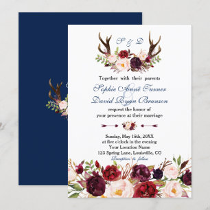 Convite Marinho Floral Rosa Brilhante Antlers Casamento Mo