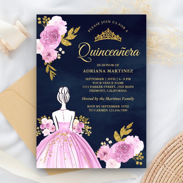 Convite Marinho Floral Roxo, Quinceanera Azul Dourada (Criador carregado)