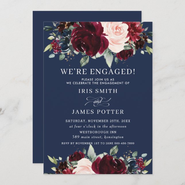 Convite Marinho Floral Russo Burgundy Blush Festa de noiva (Frente/Verso)