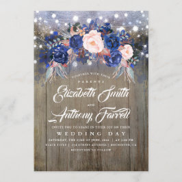 Convite Marinho Floral Rustic String Lights Casamento