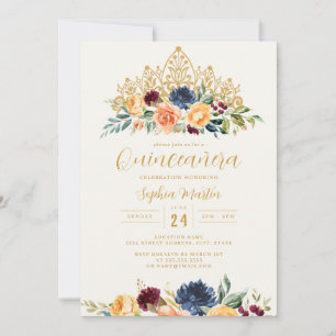Convite Marinho Floral Tiara Quinceanera