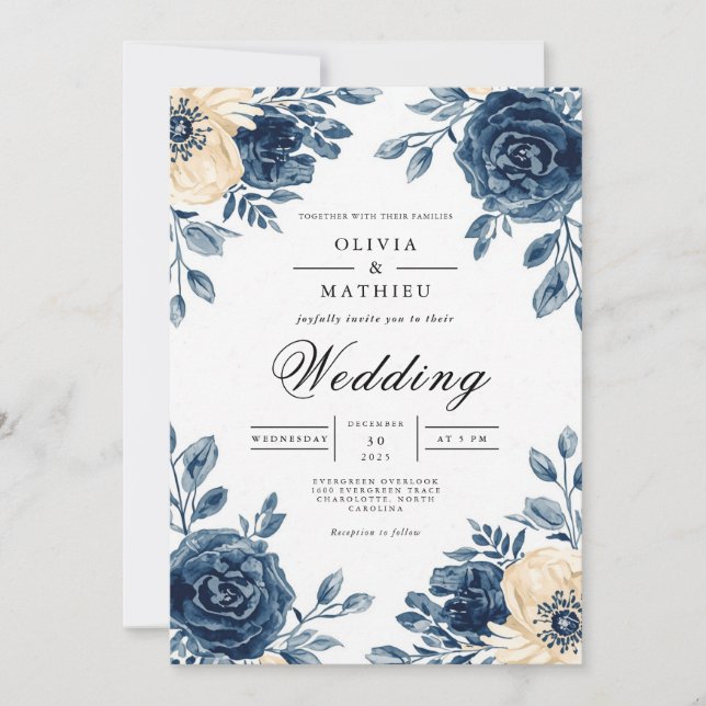 Convite Marinho Floral Wash Wedding (Frente)