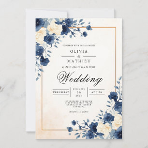 Convite Marinho Floral Watercolor Casamento Flourish