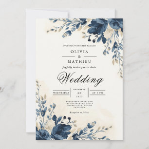 Convite Marinho Floral Watercolor Splendor Wedding