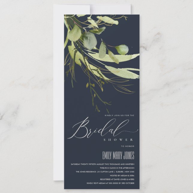 CONVITE MARINHO FOLHETO VERDE FOLIAGE WATERCOLOR CHÁ DE PA (Frente)