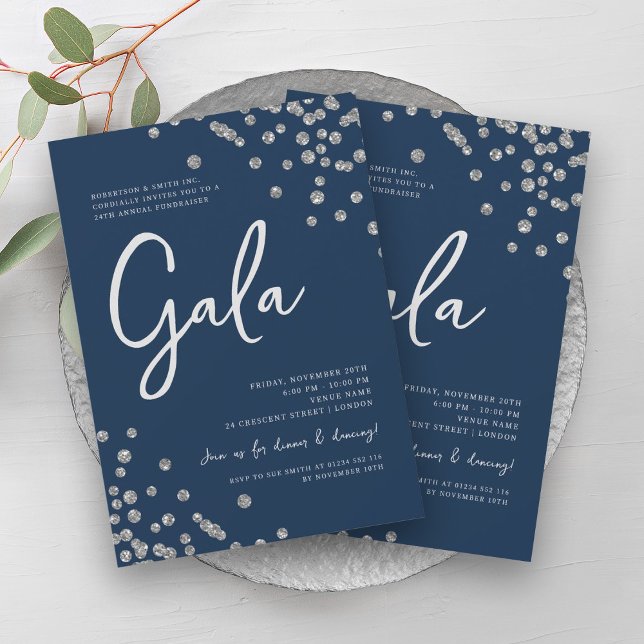 Convite Marinho formal Gala Silver Confetti (Formal Corporate Gala Silver Confetti Navy Invitation)