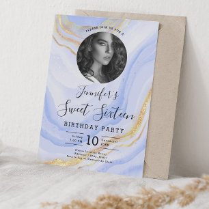 Convite MARINHO FOTO Blue Marble Glitter Sweet 16 Party
