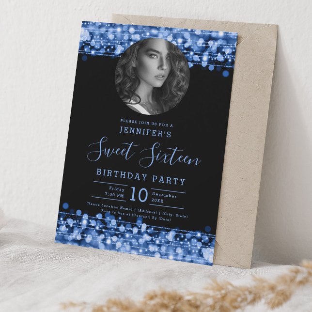 Convite MARINHO FOTOGRAFAR Azul Faíscas Doce 16 Festa de a (PHOTO Navy Blue Sparkles Sweet 16 Birthday Party Invitation)