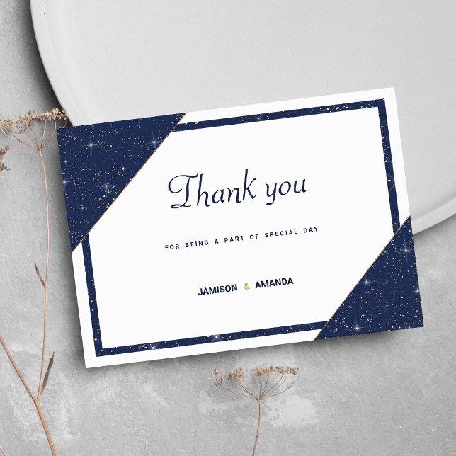 Convite Marinho geométrico azul, brilho do ouro branco Obr (Geometric navy blue white gold glitter Thank You)