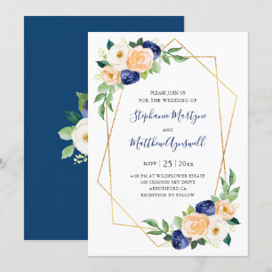 Convite Marinho Geométrico Casamento Floral Azul Peach Co