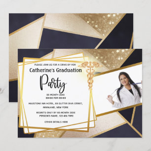 Convite marinho geométrico Dourado - graduação DIY foto