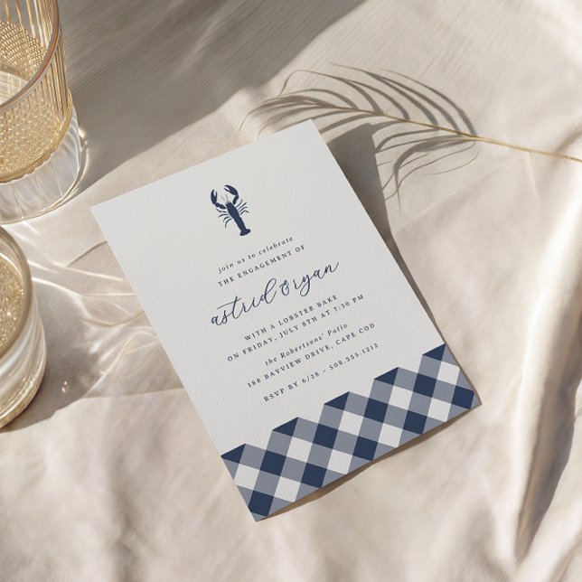 Convite Marinho Gingham | Festa de noivado de Assar de lag (Coastal lobster engagement party invitations)