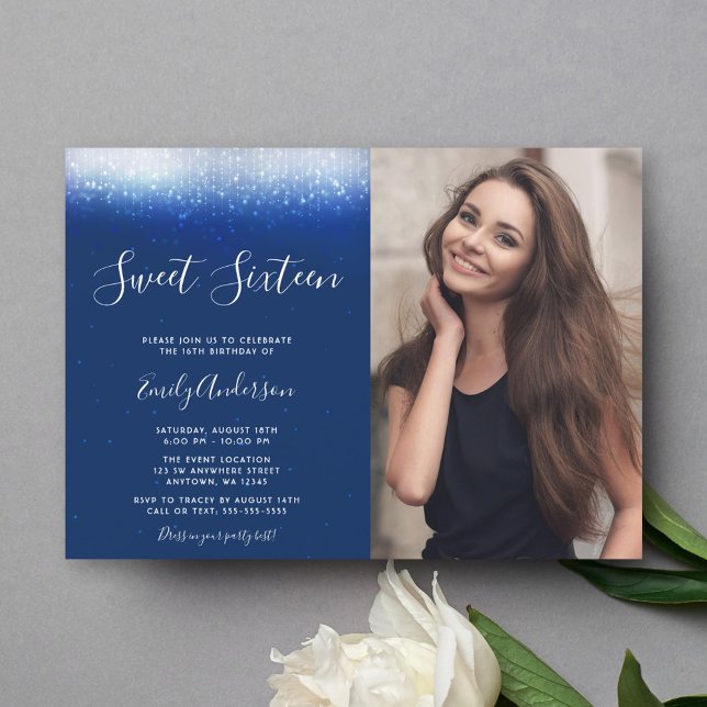 Convite Marinho Glam Blue Sweet 16 Foto (Criador carregado)