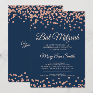 Convite Marinho Glitter Confetti do Bat Mitzvah Rosa Doura