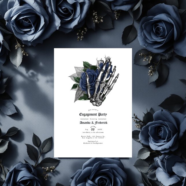 Convite Marinho Gótico Rosas Azuis e Noivado da Mão do Esq (Navy Blue Floral Gothic Engagement Party Invitation)