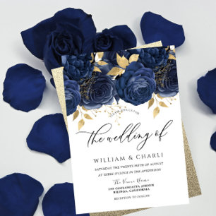 Convite Marinho Indigo Casamento Azul e Dourado Floral