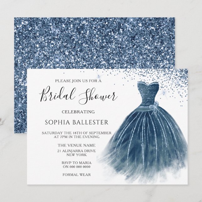 Convite Marinho Indigo Glitter Gress Chá de panela (Frente/Verso)